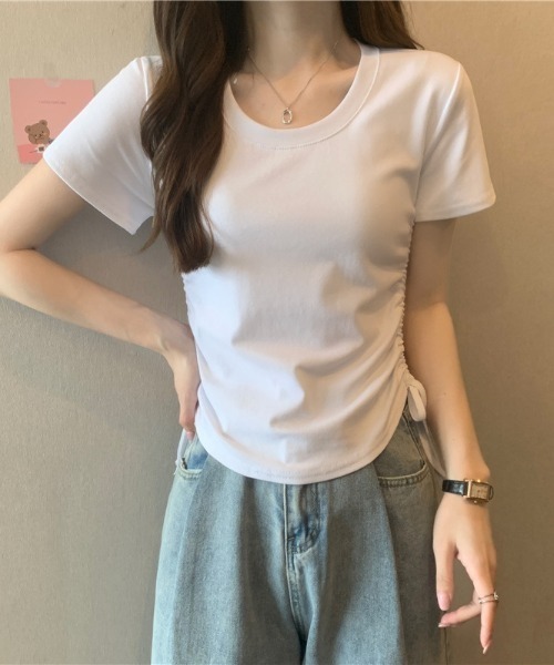 roomy(ルーミー)の「サイドドロストリングTシャツ(Tシャツ/カットソー・レディース・グレー/オフホワイト/ブラック・FREE)」の1枚目の写真