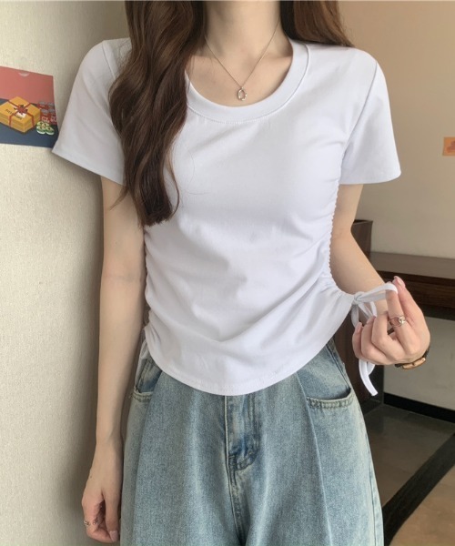 roomy(ルーミー)の「サイドドロストリングTシャツ(Tシャツ/カットソー・レディース・グレー/オフホワイト/ブラック・FREE)」の4枚目の写真