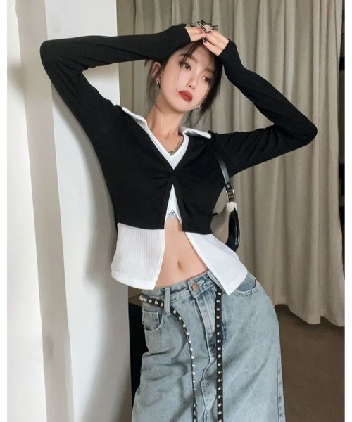 inst.ALL(インストール)の「レイヤード風バイカラー短丈トップス(Tシャツ/カットソー・レディース・ブラック・M)」の2枚目の写真