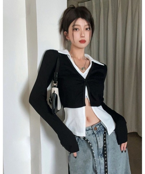 inst.ALL(インストール)の「レイヤード風バイカラー短丈トップス(Tシャツ/カットソー・レディース・ブラック・M)」の3枚目の写真