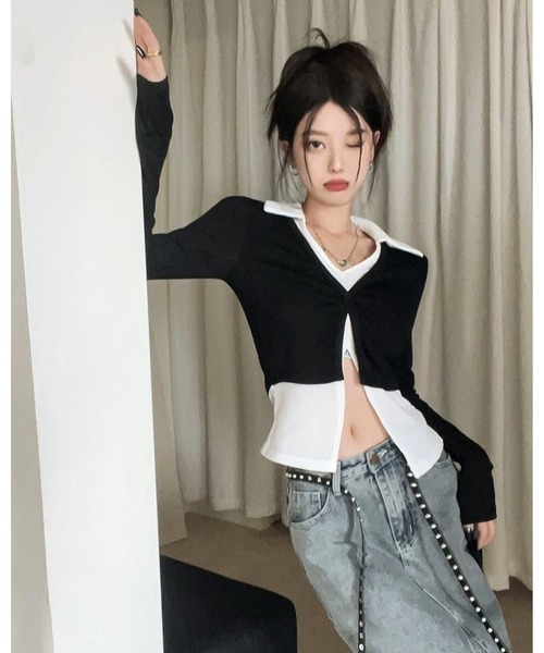 inst.ALL(インストール)の「レイヤード風バイカラー短丈トップス(Tシャツ/カットソー・レディース・ブラック・M)」の4枚目の写真