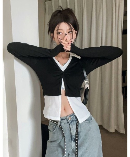 inst.ALL(インストール)の「レイヤード風バイカラー短丈トップス(Tシャツ/カットソー・レディース・ブラック・M)」の5枚目の写真