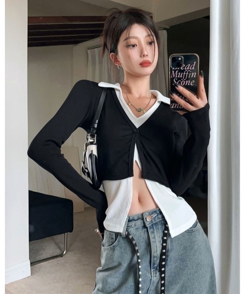 inst.ALL(インストール)の「レイヤード風バイカラー短丈トップス(Tシャツ/カットソー・レディース・ブラック・M)」の6枚目の写真