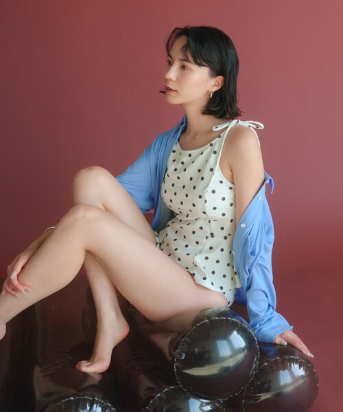 green label relaxing（グリーンレーベルリラクシング）の「ハイネックWリボンフレア&ショーツ ドット柄 オフホワイト スイムウェア / 水着（水着・レディース・オフホワイト・FREE）」の2枚目の写真