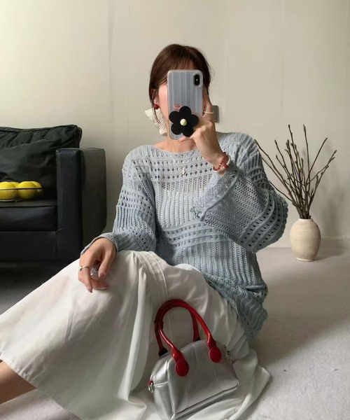 2ly2(トゥーリートゥー)の「透かし編み メッシュニットトップス(ニット/セーター・レディース・アイボリー/ブルー/ライトブルー/ブラック/ブラウン・FREE)」の7枚目の写真