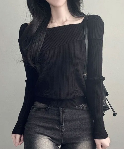Emilie(エミリー)の「スクエアネック オフショル風 リブニットプルオーバー(Tシャツ/カットソー・レディース・ベージュ/クリーム/ブラック/グレー・FREE)」の6枚目の写真