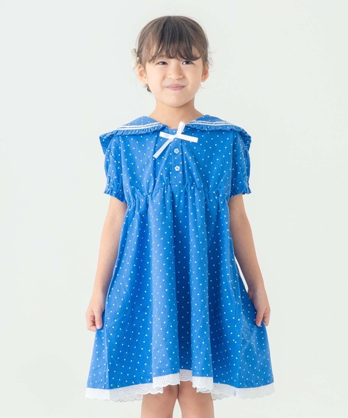 la poche biscuit（ラポシェビスキュイ）の「【綿100％/レース】セーラーカラー ドット柄 半袖 ワンピース（ワンピース・キッズ・ブルー/オフホワイト・100/130/120/110/90/80/140）」の16枚目の写真