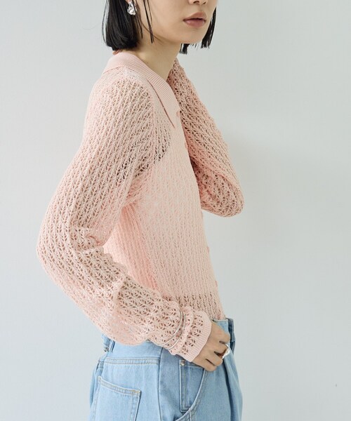 GALLEST（ギャレスト）の「リネンライククロシェポロニット（ニット/セーター・レディース・ブラック/ピンク/オフホワイト・38）」の10枚目の写真