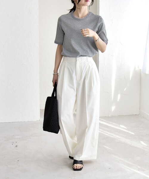 quaranciel（カランシエル）の「quaranciel:〈接触冷感/UVカット/吸水速乾/洗濯機可能〉3タック ワイド ストレート パンツ（その他パンツ・レディース・ネイビー/オフホワイト・38/40）」の3枚目の写真