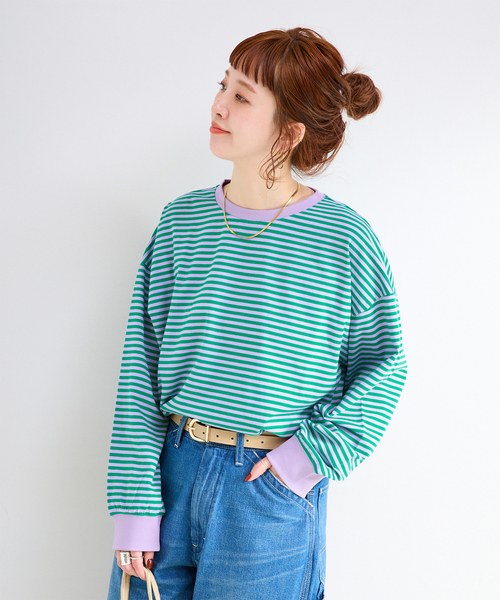 B.C STOCK(ベーセーストック)の「《追加8》【WEB限定】ウォッシャブル / ボーダーロンTEE(Tシャツ/カットソー・レディース・パープル系その他/グリーン/ピンク/イエロー・FREE)」の3枚目の写真
