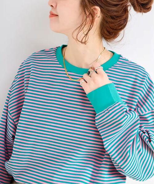 B.C STOCK(ベーセーストック)の「《追加8》【WEB限定】ウォッシャブル / ボーダーロンTEE(Tシャツ/カットソー・レディース・パープル系その他/グリーン/ピンク/イエロー・FREE)」の2枚目の写真