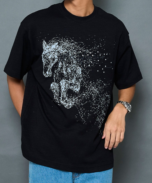 ARULE(アルール)の「『ARULE/アルール』ホースラインストーン刺繍半袖Tシャツ【GC】(Tシャツ/カットソー・メンズ・ブラック/ホワイト・L/M)」の1枚目の写真