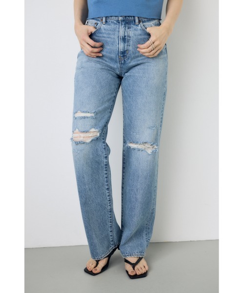AZUL by moussy(アズールバイマウジー)の「【身長/骨格別着用画像あり】AZUL DENIM ダメージストレートデニム(デニムパンツ・レディース・アイボリー/ライトブルー・24inch/25inch/26inch/27inch)」の4枚目の写真