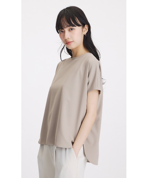 yasuko　No.203グレーベージュ中厚スムースカットソーニット生地 セール】透けないカットソー【フレンチスリーブ】【クルーネック
