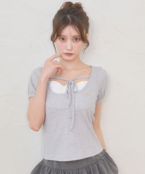 MAJESTIC LEGON(マジェスティックレゴン)の「リボンレイヤードライク半袖トップス(Tシャツ/カットソー・レディース・グレー/アイボリー/ブラック/ピンク・MEDIUM)」の3枚目の写真