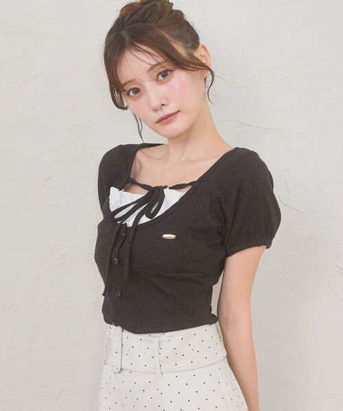 MAJESTIC LEGON(マジェスティックレゴン)の「リボンレイヤードライク半袖トップス(Tシャツ/カットソー・レディース・グレー/アイボリー/ブラック/ピンク・MEDIUM)」の2枚目の写真