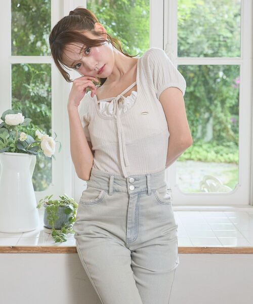 MAJESTIC LEGON（マジェスティックレゴン）の「リボンレイヤードライク半袖トップス（Tシャツ/カットソー・レディース・グレー/アイボリー/ブラック/ピンク・MEDIUM）」の12枚目の写真