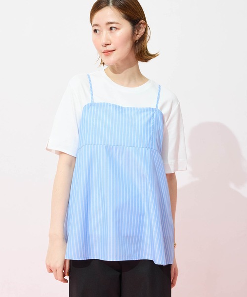 Petit Honfleur（プチオンフルール）の「キャミ&Tシャツアンサンブル【オーガニックコットンブレンド・接触冷感・UVカット・セット商品】（Tシャツ/カットソー・レディース・ホワイト/サックスブルー・M/L）」の3枚目の写真