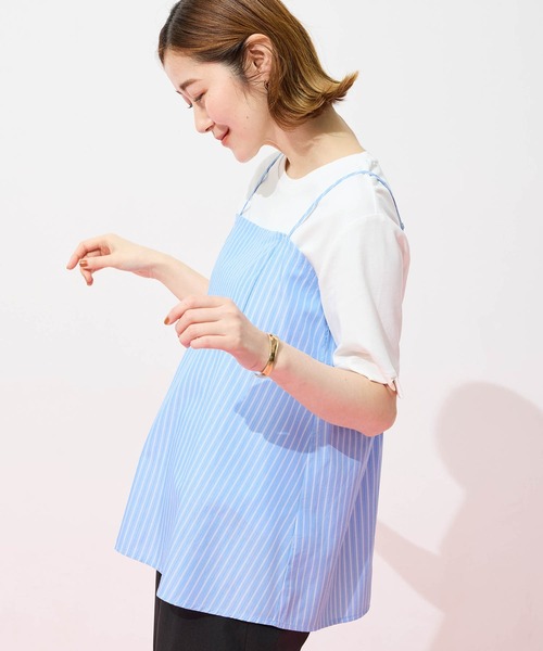Petit Honfleur（プチオンフルール）の「キャミ&Tシャツアンサンブル【オーガニックコットンブレンド・接触冷感・UVカット・セット商品】（Tシャツ/カットソー・レディース・ホワイト/サックスブルー・M/L）」の5枚目の写真