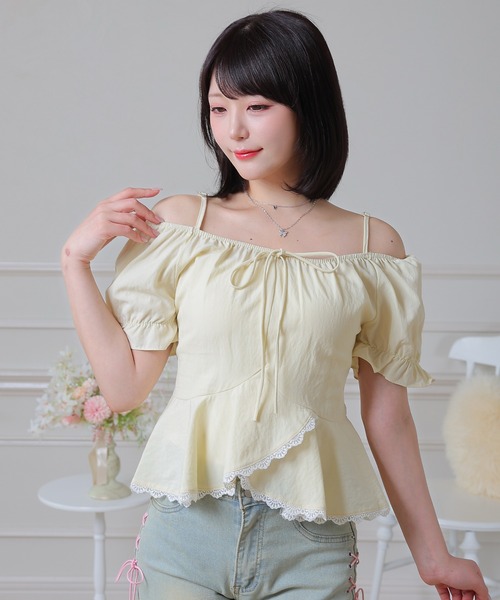 Anely(アネリー)の「Anely オフショル リボン ペプラム パフスリーブ ブラウス(シャツ/ブラウス・レディース・ミント/イエロー/ホワイト・FREE)」の3枚目の写真