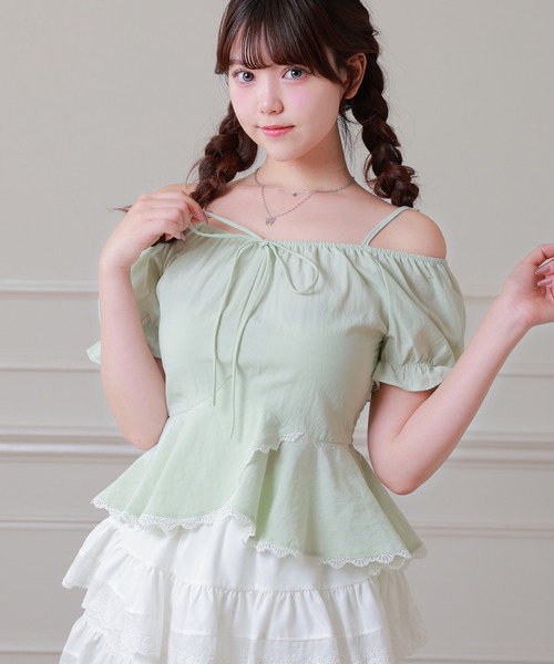 Anely(アネリー)の「Anely オフショル リボン ペプラム パフスリーブ ブラウス(シャツ/ブラウス・レディース・ミント/イエロー/ホワイト・FREE)」の1枚目の写真