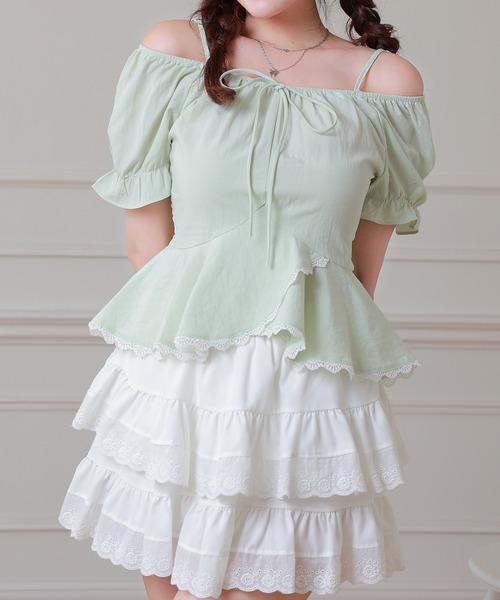 Anely(アネリー)の「Anely オフショル リボン ペプラム パフスリーブ ブラウス(シャツ/ブラウス・レディース・ミント/イエロー/ホワイト・FREE)」の4枚目の写真