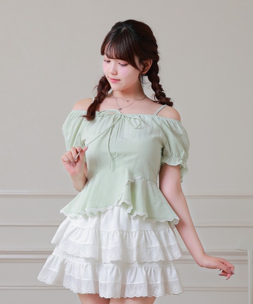 Anely(アネリー)の「Anely オフショル リボン ペプラム パフスリーブ ブラウス(シャツ/ブラウス・レディース・ミント/イエロー/ホワイト・FREE)」の6枚目の写真