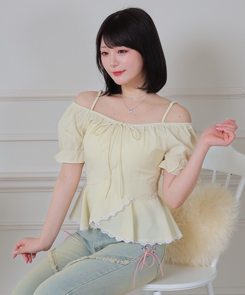 Anely(アネリー)の「Anely オフショル リボン ペプラム パフスリーブ ブラウス(シャツ/ブラウス・レディース・ミント/イエロー/ホワイト・FREE)」の10枚目の写真