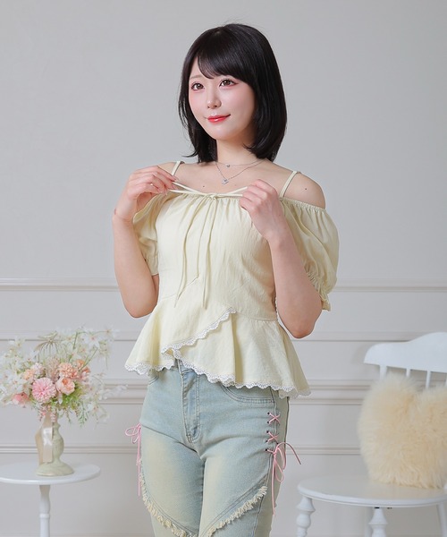 Anely(アネリー)の「Anely オフショル リボン ペプラム パフスリーブ ブラウス(シャツ/ブラウス・レディース・ミント/イエロー/ホワイト・FREE)」の13枚目の写真