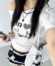 Y2K ドットハート柄グラフィックワンショルダー半袖Tシャツ