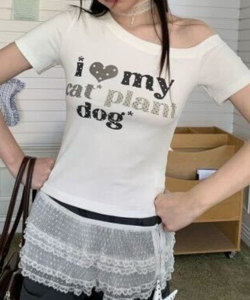 SHEPP(シープ)の「Y2K ドットハート柄グラフィックワンショルダー半袖Tシャツ(Tシャツ/カットソー・レディース・ホワイト・S/M)」の10枚目の写真