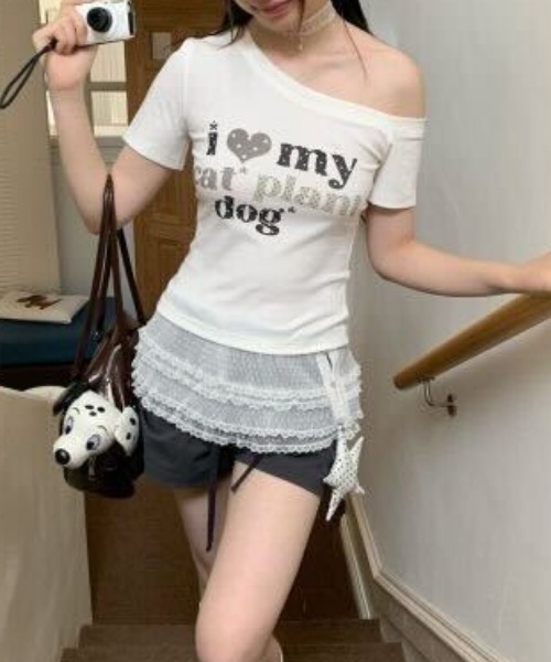 SHEPP(シープ)の「Y2K ドットハート柄グラフィックワンショルダー半袖Tシャツ(Tシャツ/カットソー・レディース・ホワイト・S/M)」の8枚目の写真