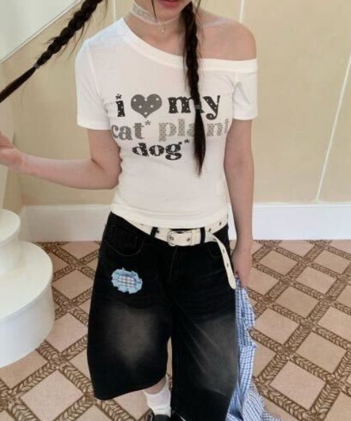 SHEPP(シープ)の「Y2K ドットハート柄グラフィックワンショルダー半袖Tシャツ(Tシャツ/カットソー・レディース・ホワイト・S/M)」の7枚目の写真