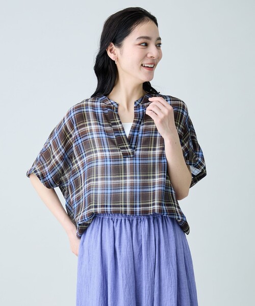 【限定値下】シアーチェック スキッパーシャツ セール】シアーチェックスキッパーブラウス（シャツ/ブラウス）｜ANY