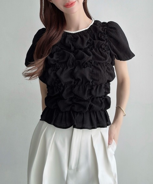 Meiru(メイル)の「楊柳シャーリングシアーショートブラウス(シャツ/ブラウス・レディース・ホワイト/ブルー/ブラック・SMALL/MEDIUM/LARGE)」の9枚目の写真
