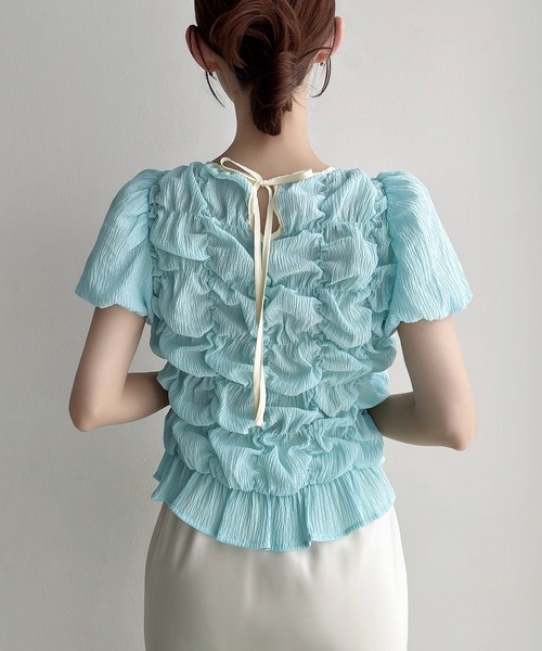 Meiru(メイル)の「楊柳シャーリングシアーショートブラウス(シャツ/ブラウス・レディース・ホワイト/ブルー/ブラック・SMALL/MEDIUM/LARGE)」の12枚目の写真