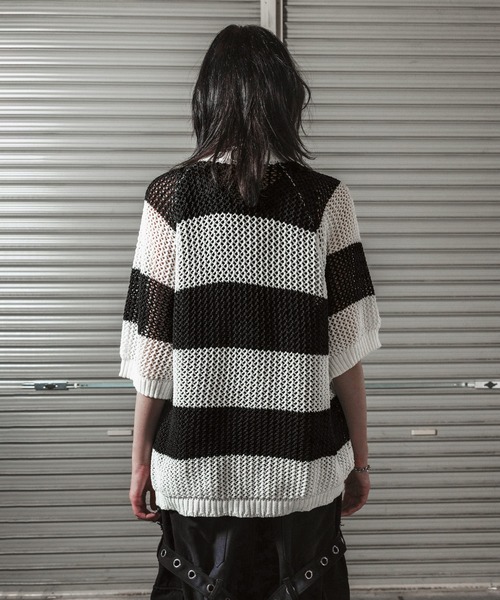 ERAR(エラー)の「【ERAR】ショルダースナップボタン半袖メッシュボーダーニット(ニット/セーター・メンズ・ブラック/ホワイト/レッド・S/M/L/XL)」の7枚目の写真
