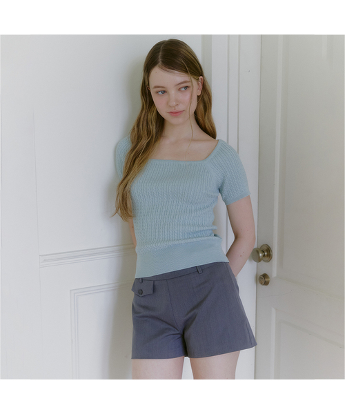 MICANE（ミケーネ）の「カーメンツイストショートスリーブニットT（Tシャツ/カットソー・レディース・レッド/ライトグレー/スカイブルー/アイボリー・1/2/3/4）」の4枚目の写真