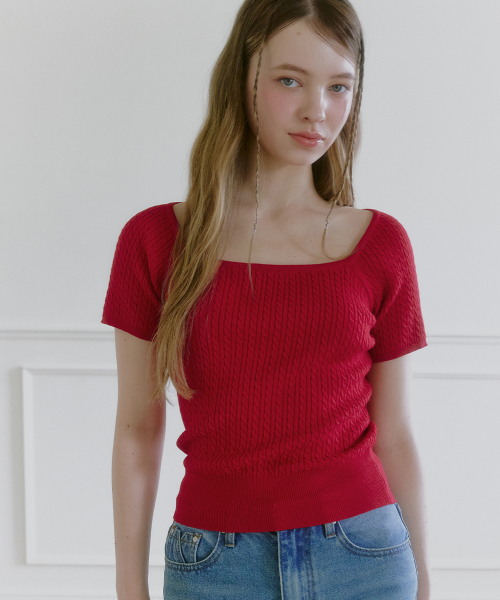 MICANE（ミケーネ）の「カーメンツイストショートスリーブニットT（Tシャツ/カットソー・レディース・レッド/ライトグレー/スカイブルー/アイボリー・1/2/3/4）」の5枚目の写真