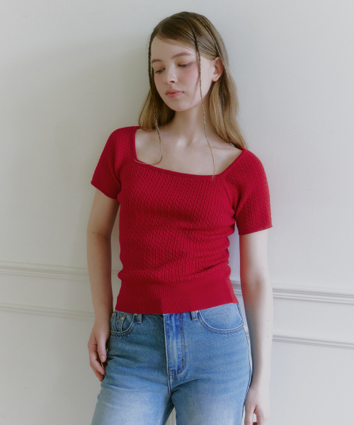 MICANE（ミケーネ）の「カーメンツイストショートスリーブニットT（Tシャツ/カットソー・レディース・レッド/ライトグレー/スカイブルー/アイボリー・1/2/3/4）」の6枚目の写真