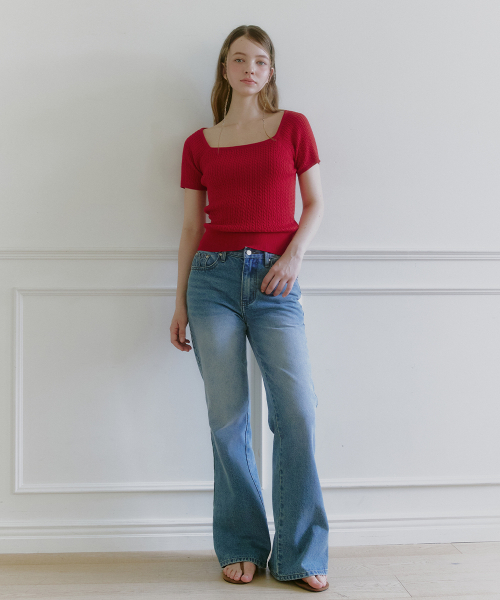 MICANE（ミケーネ）の「カーメンツイストショートスリーブニットT（Tシャツ/カットソー・レディース・レッド/ライトグレー/スカイブルー/アイボリー・1/2/3/4）」の7枚目の写真