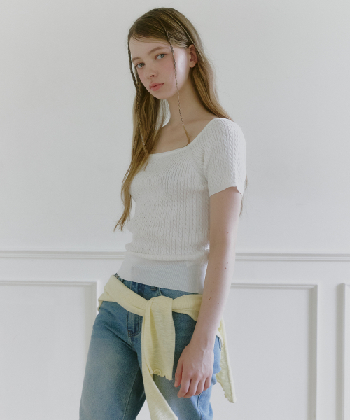 MICANE（ミケーネ）の「カーメンツイストショートスリーブニットT（Tシャツ/カットソー・レディース・レッド/ライトグレー/スカイブルー/アイボリー・1/2/3/4）」の10枚目の写真