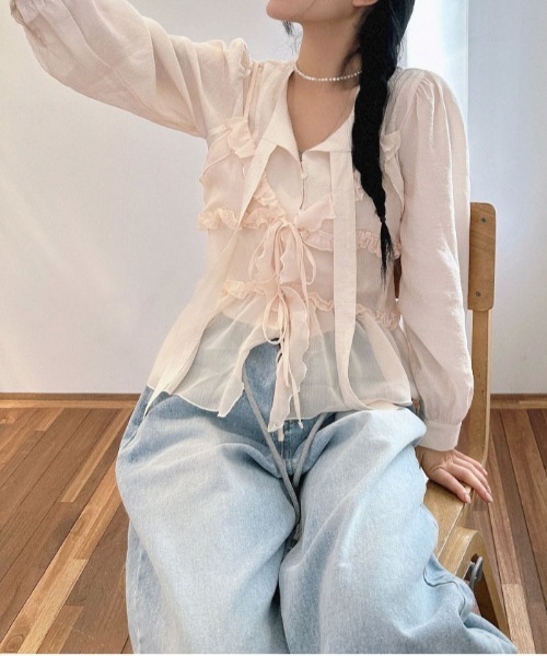 &soiree(アンドソワレ)の「フロントフリルレースアップシアーキャミソール(Tシャツ/カットソー・レディース・ブラック/アイボリー/ピンク・FREE)」の7枚目の写真