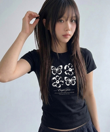 バターフラワープリントスリムフィット半袖Tシャツブラック