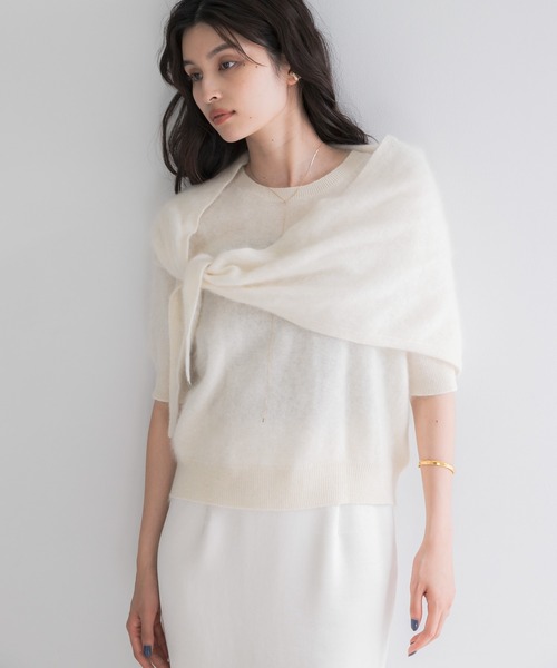 URBAN RESEARCH ROSSO WOMEN(アーバンリサーチ ロッソ)の「ストール付ハーフスリーブファーニット(ニット/セーター・レディース・ベージュ系その他/ライトブルー/オフホワイト・FREE)」の19枚目の写真