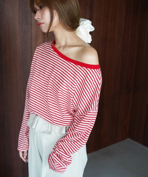 SANSeLF(サンセルフ)の「【SANSeLF】ワイドネックボーダーロングスリーブトップス saw26a013(Tシャツ/カットソー・レディース・ブルー/レッド・FREE)」の1枚目の写真