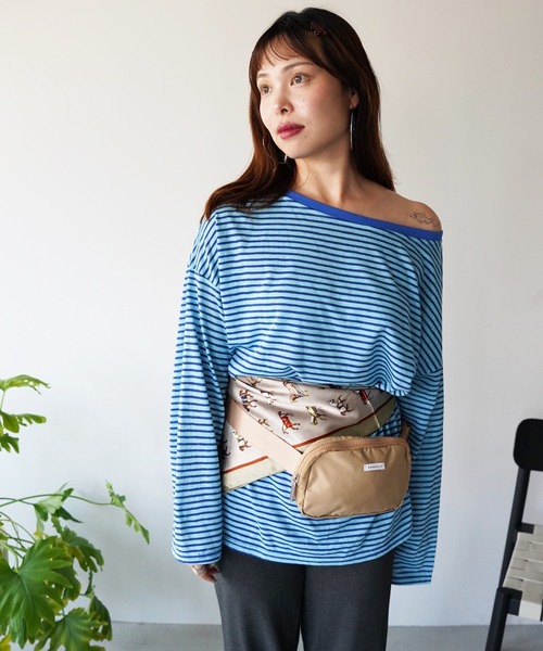 SANSeLF(サンセルフ)の「【SANSeLF】ワイドネックボーダーロングスリーブトップス saw26a013(Tシャツ/カットソー・レディース・ブルー/レッド・FREE)」の3枚目の写真