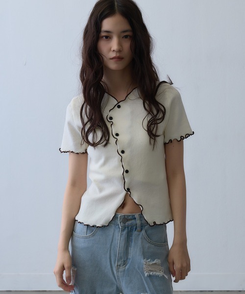 Clum(クルム)の「contrast mellow rib top / 配色メロウリブトップス(Tシャツ/カットソー・レディース・アイボリー・FREE)」の1枚目の写真