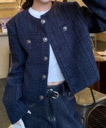 金ボタンノーカラーショートツイードジャケット