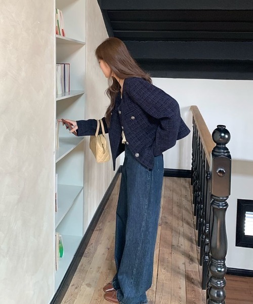 Teem Store(チームストア)の「金ボタンノーカラーショートツイードジャケット(ノーカラージャケット・レディース・ブルー・M)」の11枚目の写真